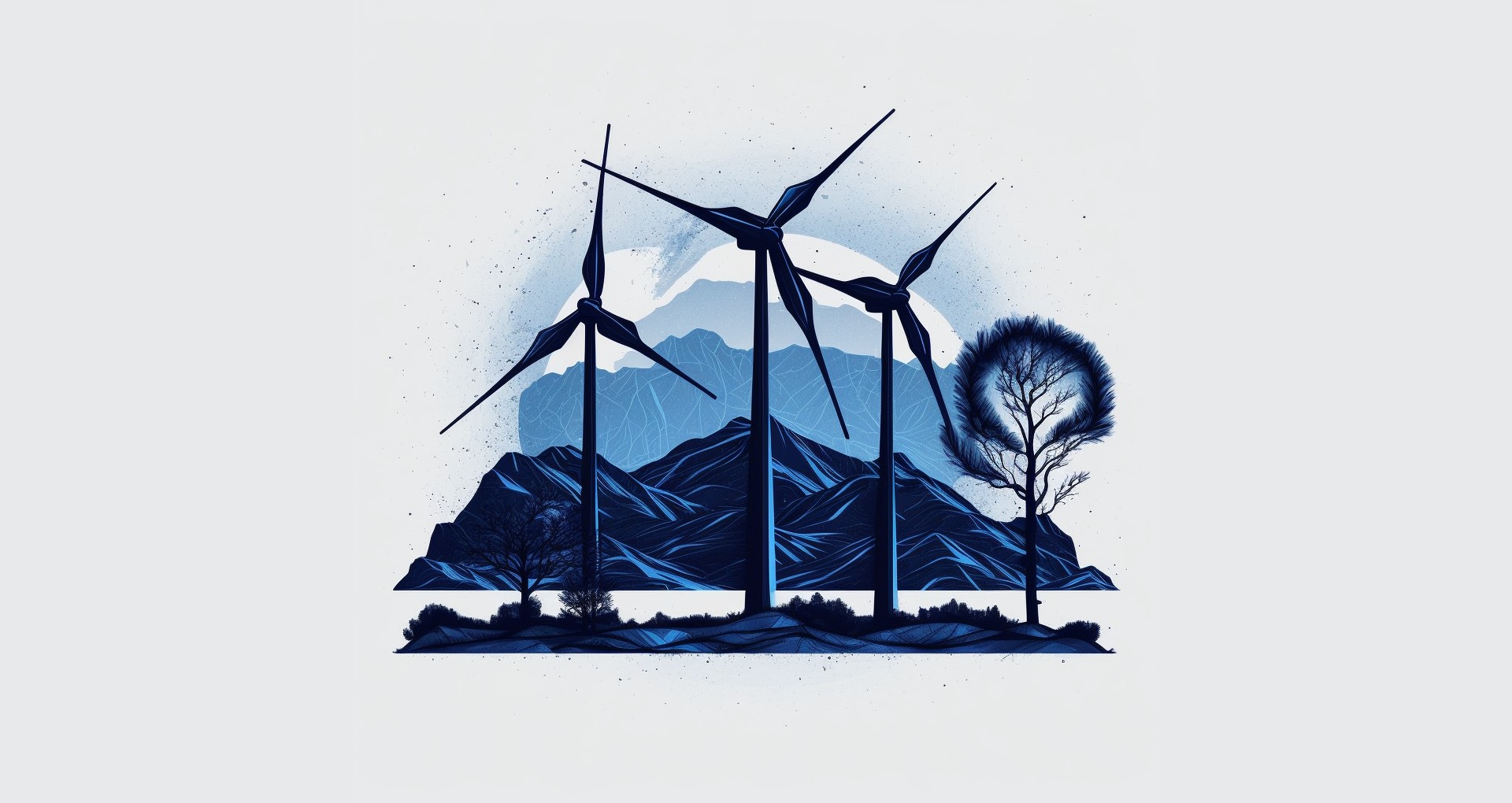 Futuristic illustrated wind turbines stand against a stark landscape