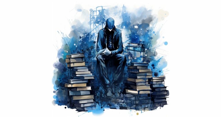 Cybercriminal sits atop a pile of books menacingly