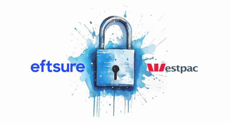 Eftsure and Westpac logos flank an illustration of a security lock