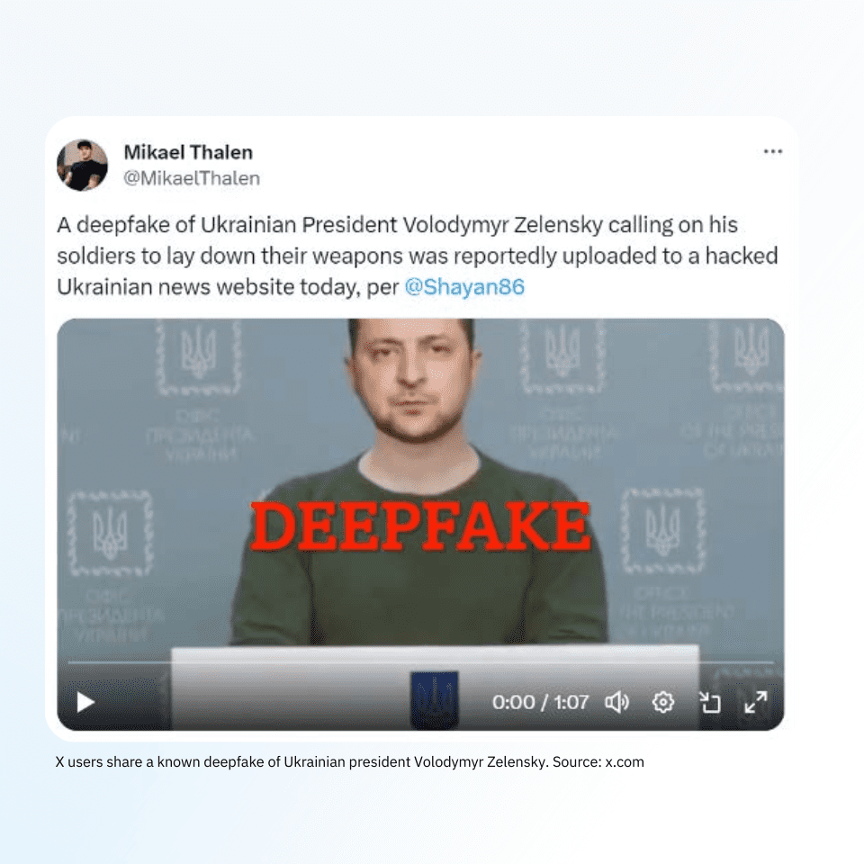 Example of a deepfake of the Ukrainian President from X (formerly Twitter)