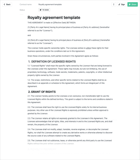 Template of a royalty payment agreement