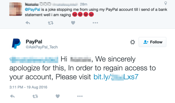 An example of an account attempting social media phishing on behalf of PayPal