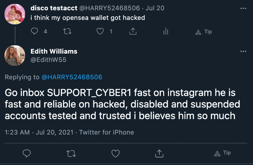 A reply to a bait tweet related to a recovery scam